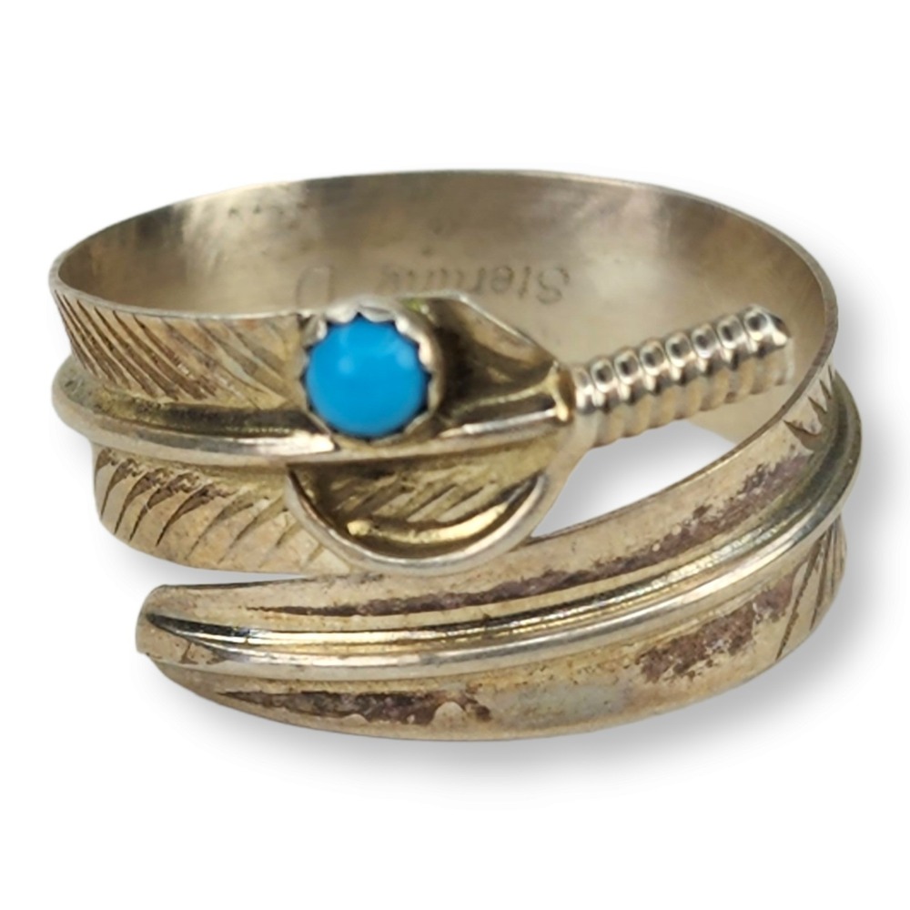 Sterling Silver Feather Ring Size 8 Turquoise Excellent Southwestern Wrap 925
